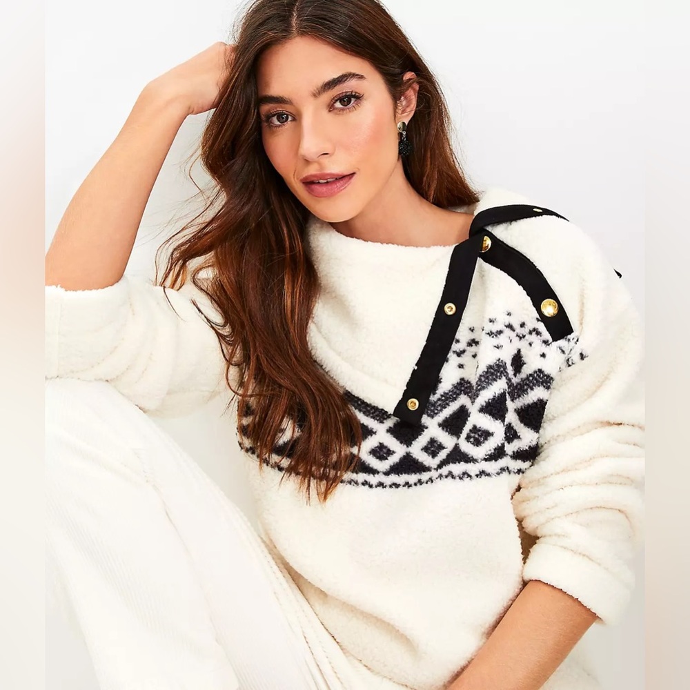LOFT Fair Isle‎ Sherpa Snap-Collar Sweatshirt (Whisper White) — EUC Large